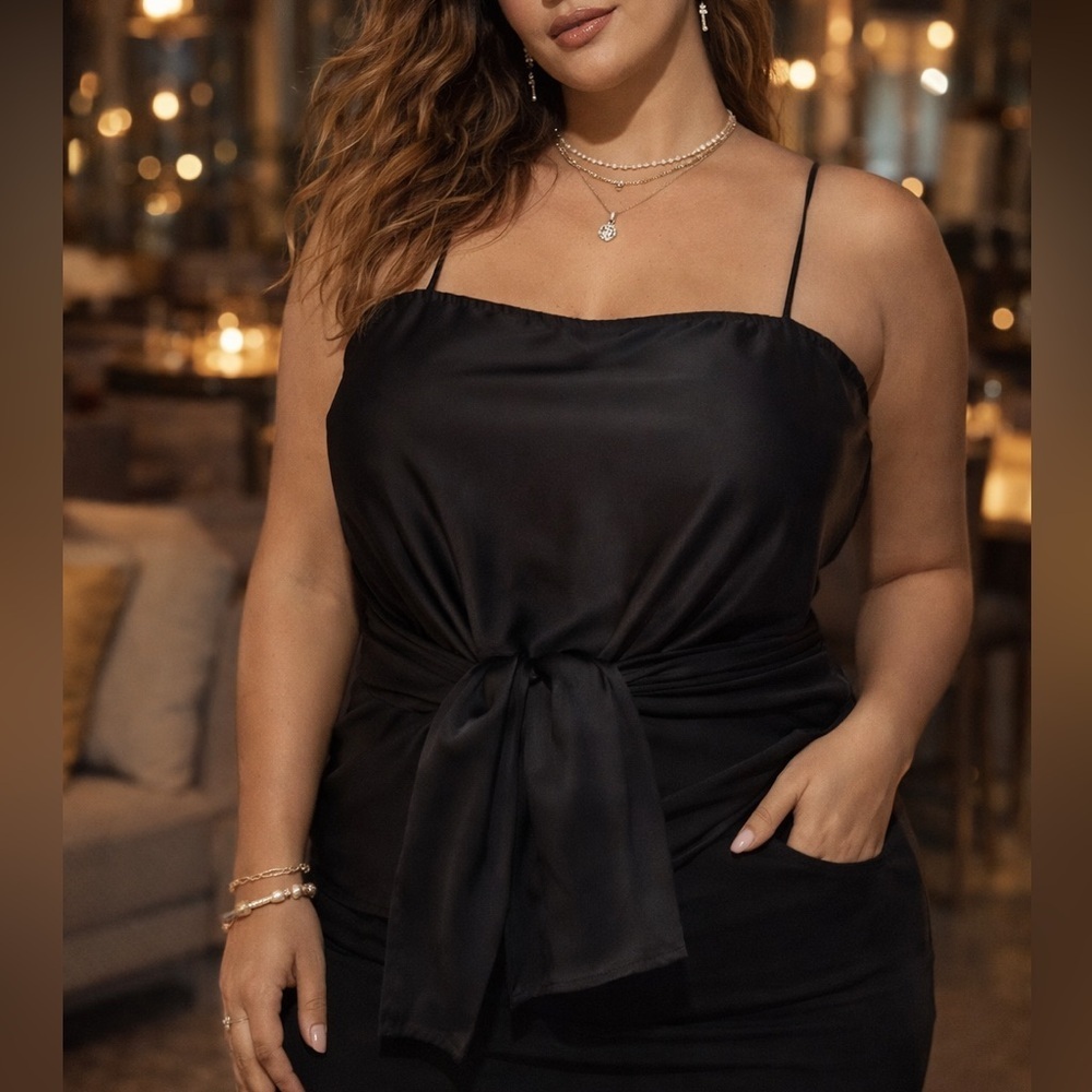 SHEIN Black Satin Tie Front Cami Top Size Large (1254)